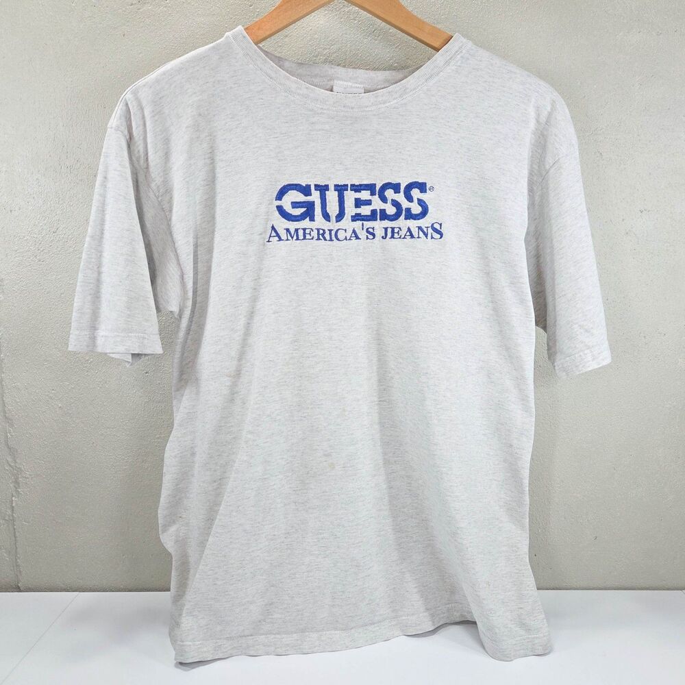 Vintage 90s Guess USA Gray Embroidered Logo T Shirt Sz L